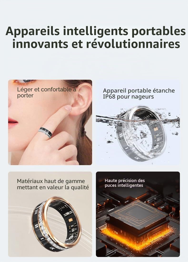 Bague Intelligente, Tracker de Fitness Portable, Moniteur de fréquence Cardiaque, podomètre Intelligent étanche pour Hommes et Femmes - R2 (Noir, 9#)