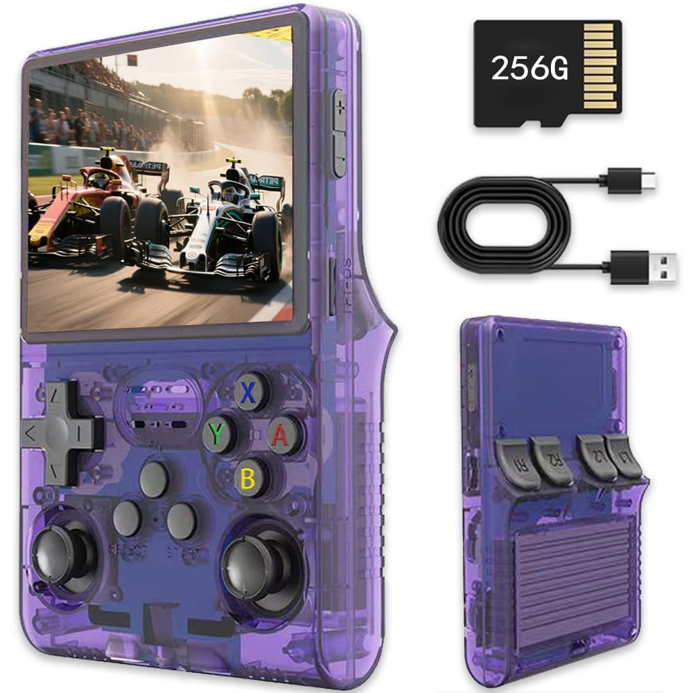 Newest Retro Handheld Game Console, 3.5" IPS Screen Portable Video Game Console ,Built in 256G Card & 30000 Games, 30+ Emulators，Open Source Linux System，Pulple