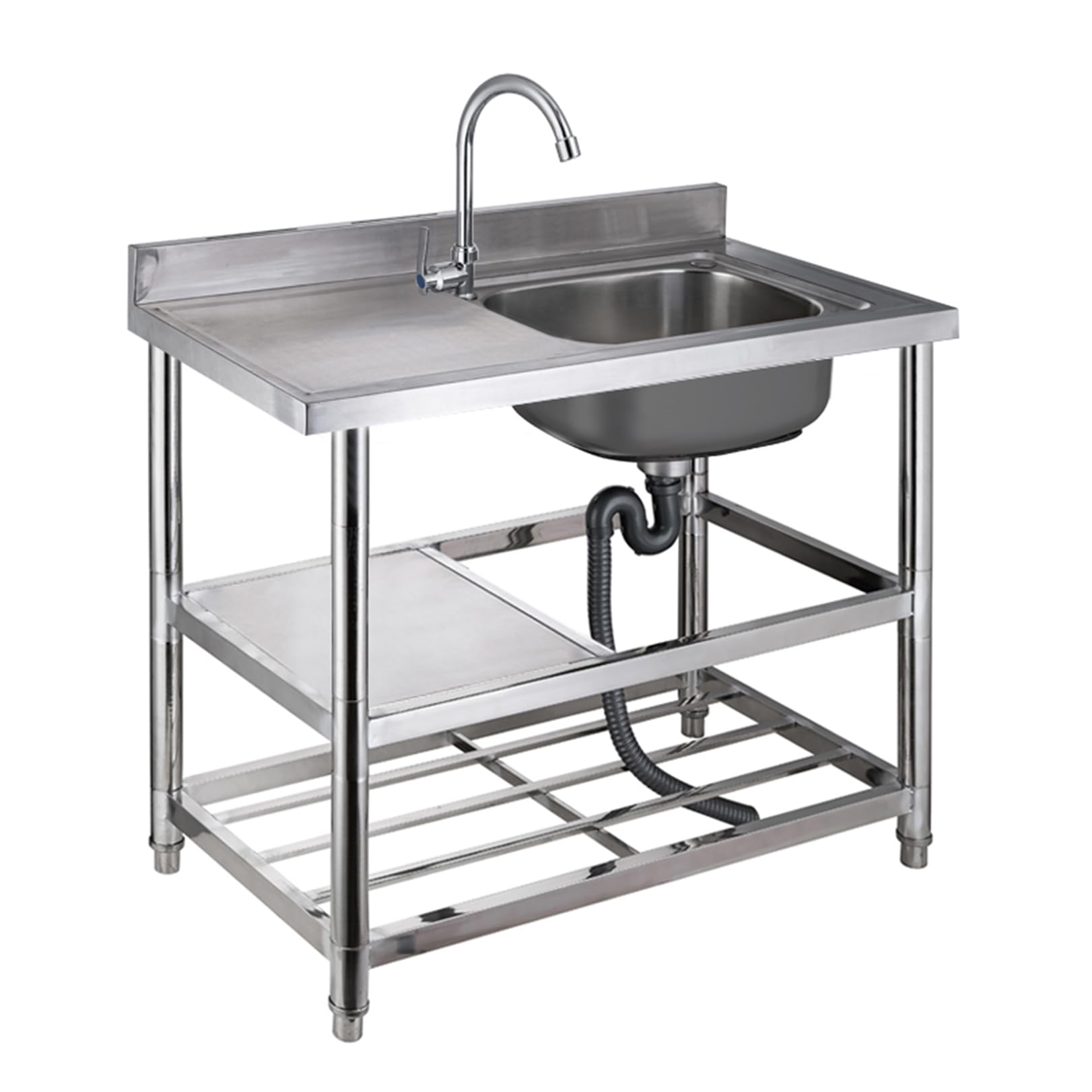 ZQFHSX Freestanding Stainless Steel Workbench Sink Commercial Kitchen Single Bowl Wash Basin with 360° Faucet, Outdoor for Garages Restaurants