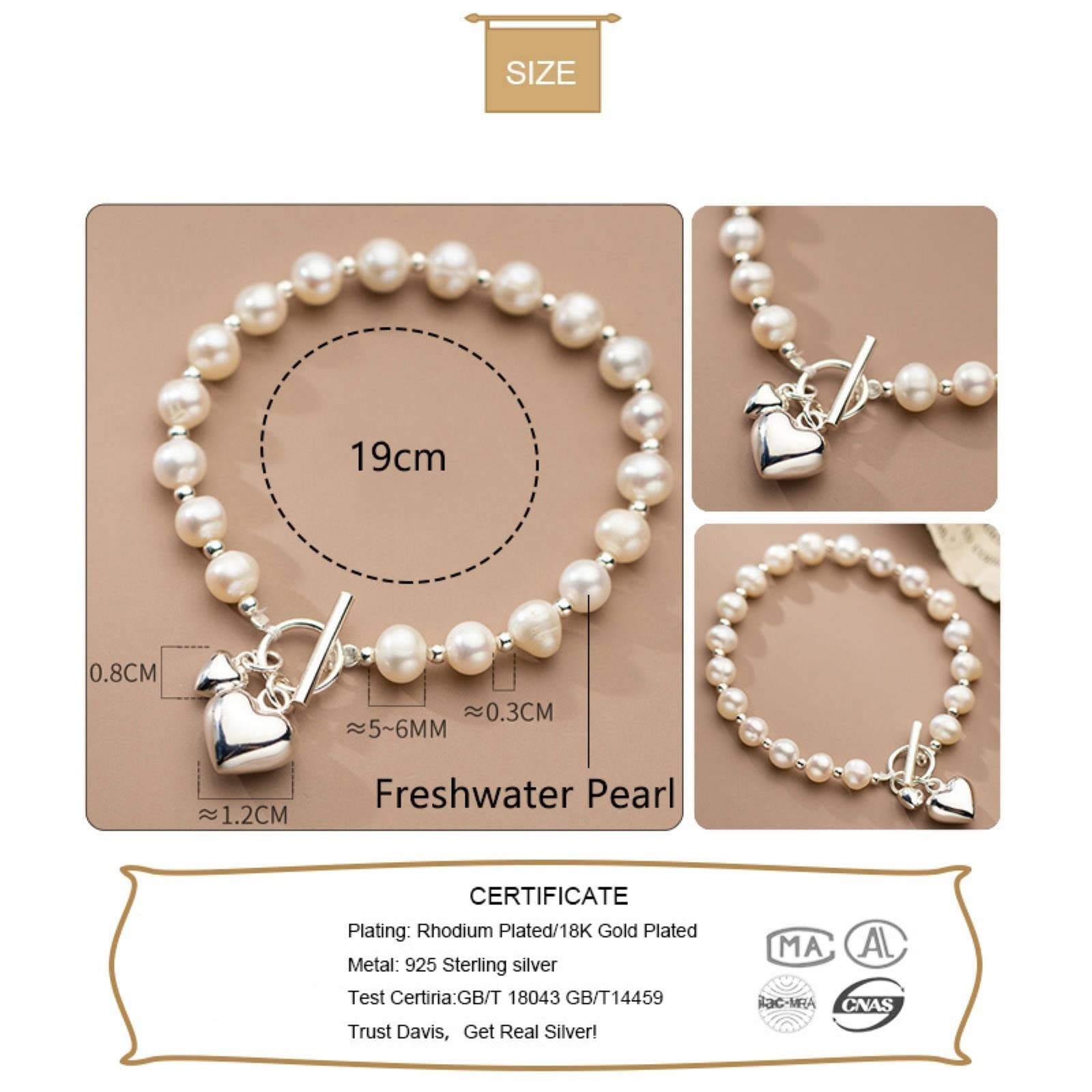 Bracciale in Argento Sterling 925 Fine con Perle d'Acqua Dolce A Forma di Cuore da 19 Cm per Gioielli da Donna per San Valentino