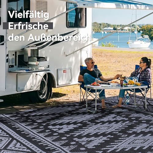 Homaxy Outdoor Teppich Wetterfest, Kunststoff Stroh Faltbar Waschbar UV-beständig Wendbar Balkon Garten Teppich für Terrasse Camping Picknick (120 x 180 cm, Schwarz & Grau)