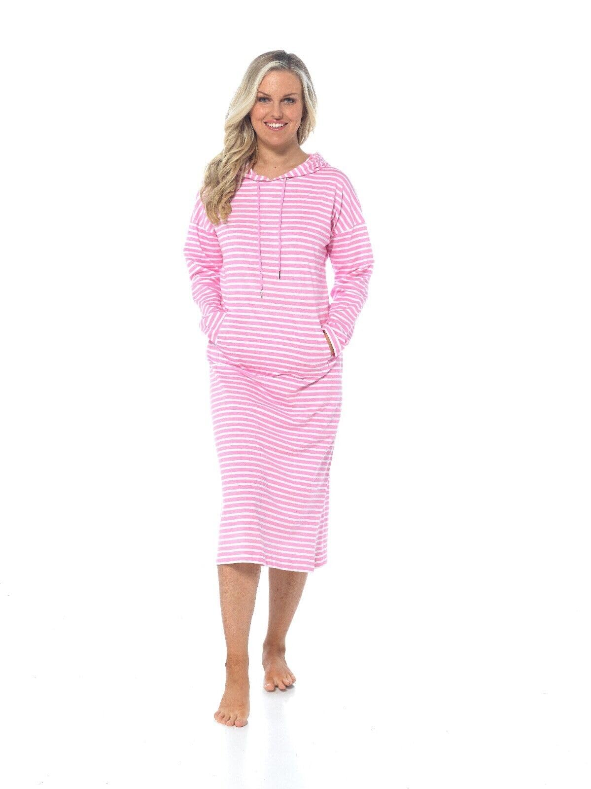 Ex Uk Store Women's Stripe Pink Nightie Long Length Hooded Lounge Nightdress Uk Sizes 8 To 22 ( 20-22)