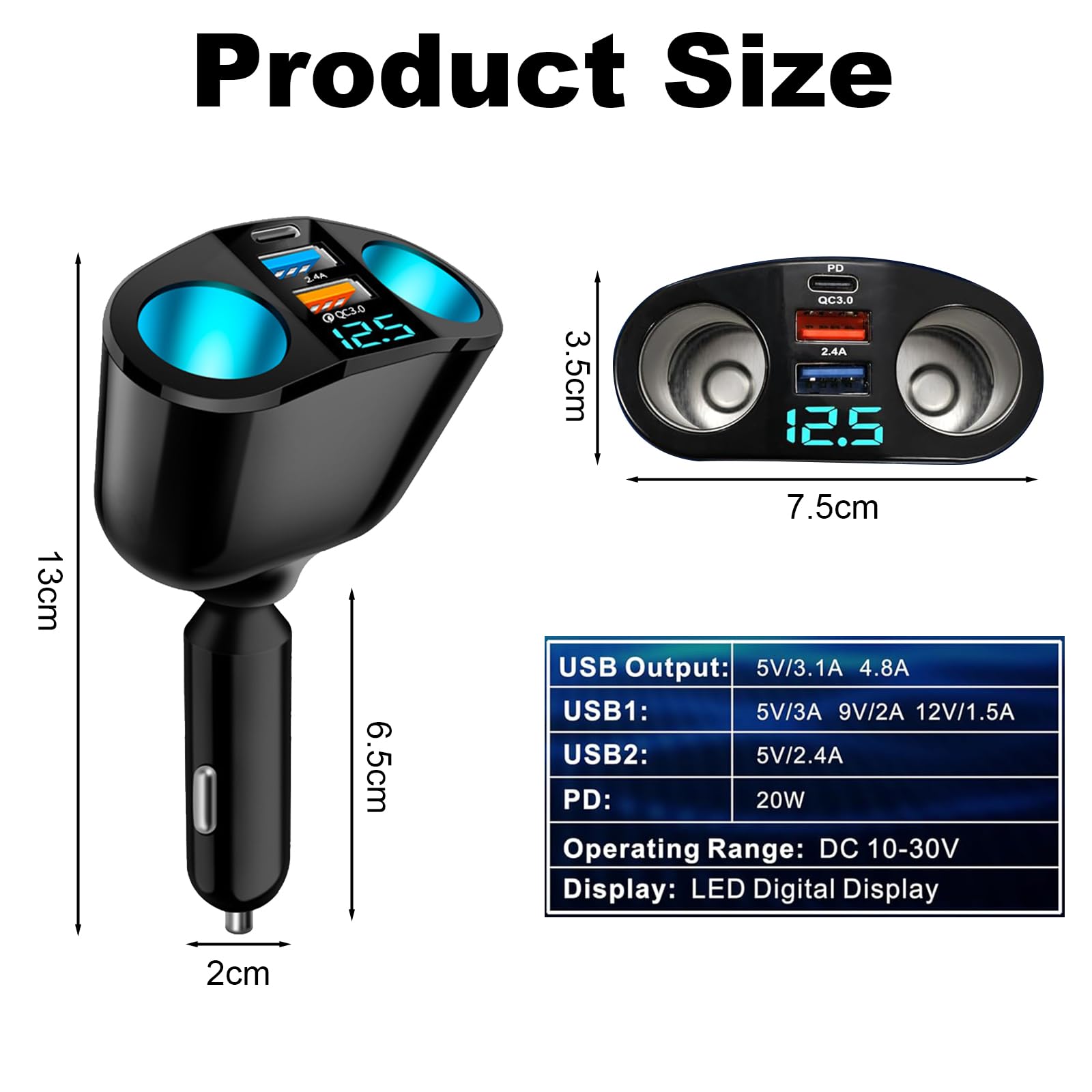 Auto Ladegerät Mit Voltmeter - Dual USB QC3.0 + 20W PD Für 12V/24V