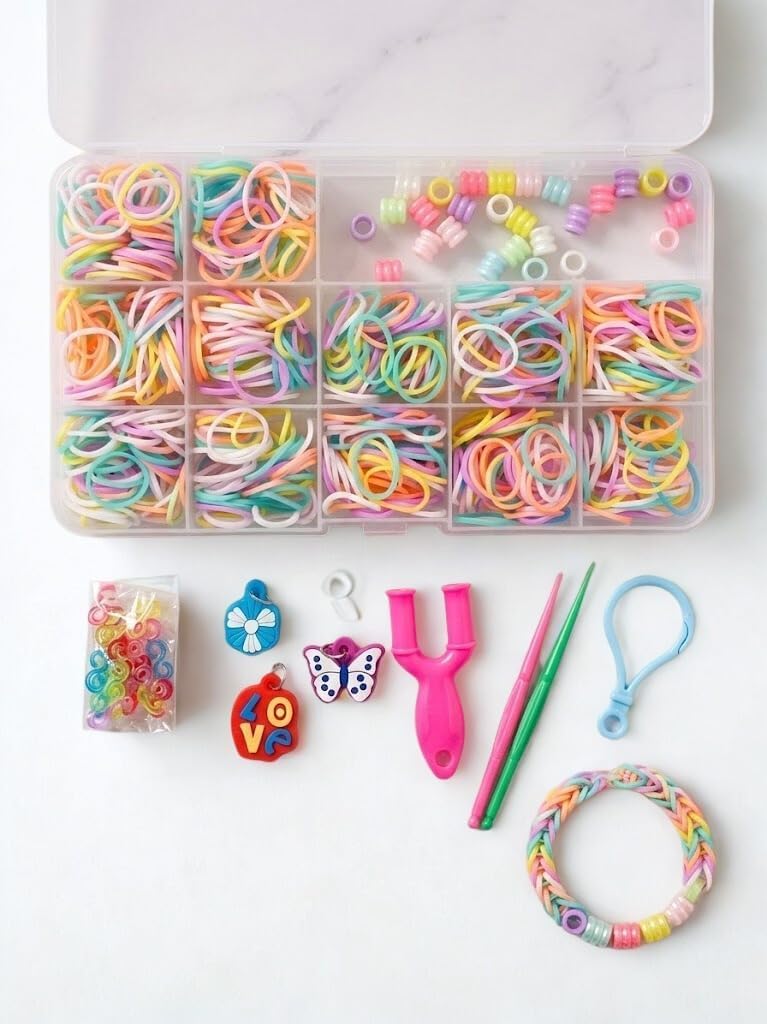 DasKid 1200+ Loom Band Starter Kit – Glow in Dark Rubber Loom Bands kit with Charms, Hooks, S-Clips, and Storage Box, DIY Bracelet Making Set for Kids Arts & Crafts – Fun Gift for Girls & Boys
