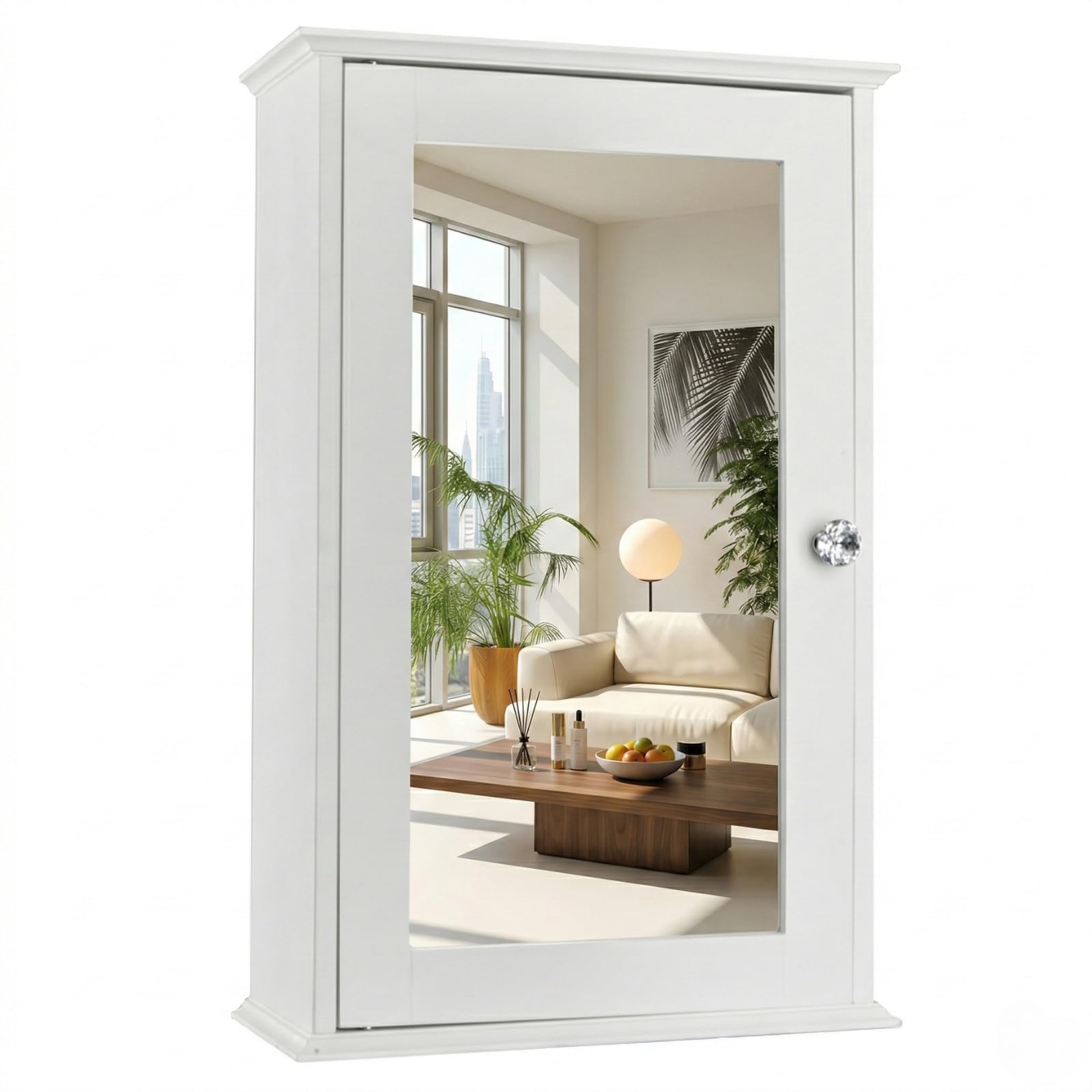 White Mirrored Medicine Cabinet - Wall Mounted Bathroom Storage Organizer with Single Door, 2 Adjustable Shelves & Magnetic Lock, Reversible Small Vanity Cabinet for Over The Toilet/Sink