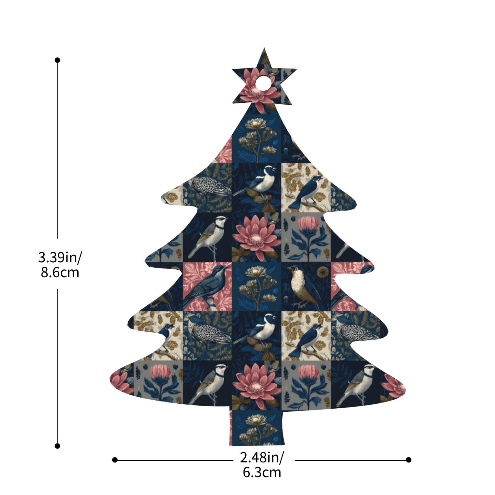 Skandinavische Weihnachts-Holzornamente mit Vogel- und Blumenmuster, 4 Stück, Set mit 6 natürlichen Holzdesigns für gemütlichen, rustikalen Weihnachtsbaum und Zuhause