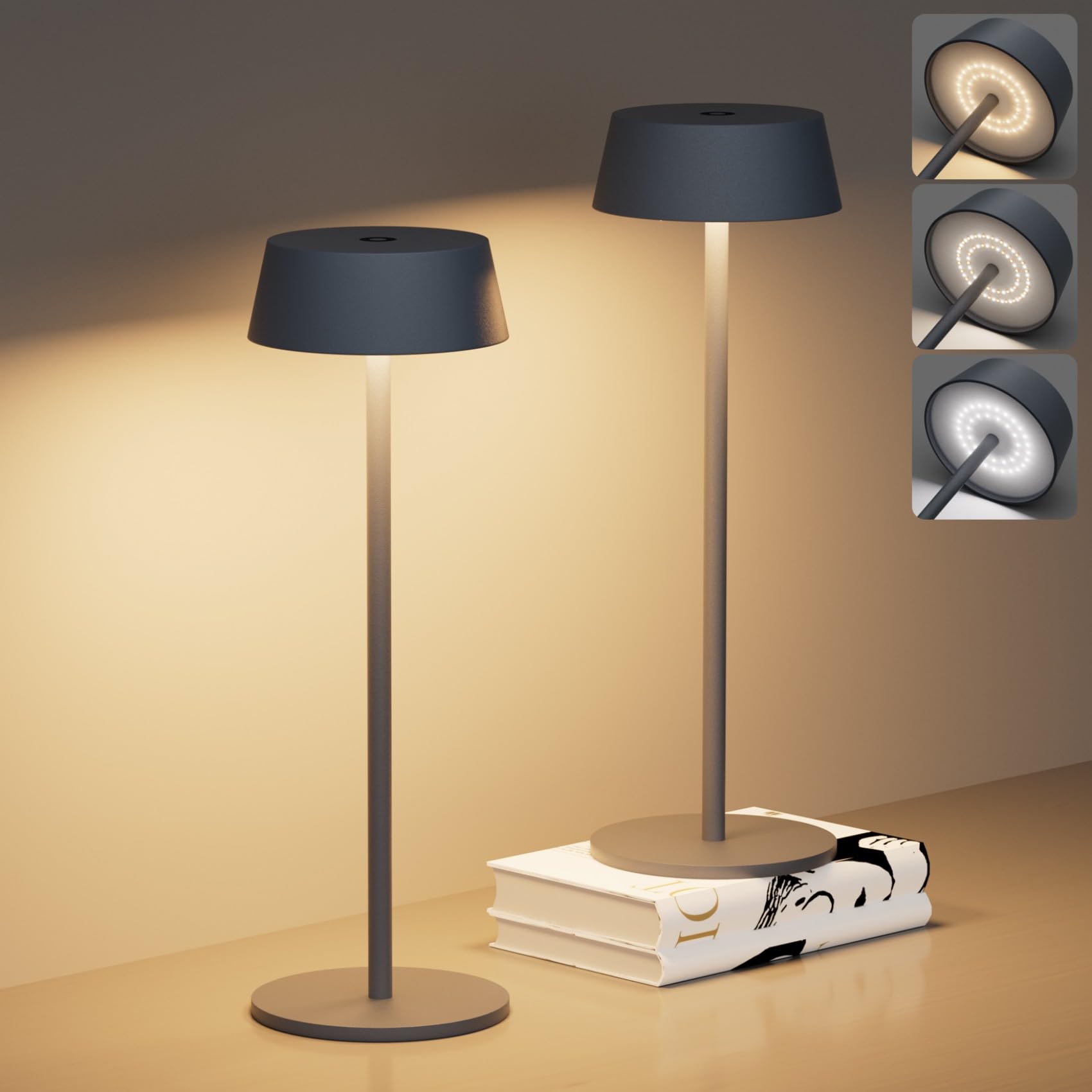 Klighten Kabellos Touch Akku Tischlampe 2 Stück Dimmbare Metall Aluminium Akkubetrieben LED Tischlampe IP54 Wasserdichte Outdoor Tragbare Tischleuchte für innen/außen,Anthrazit