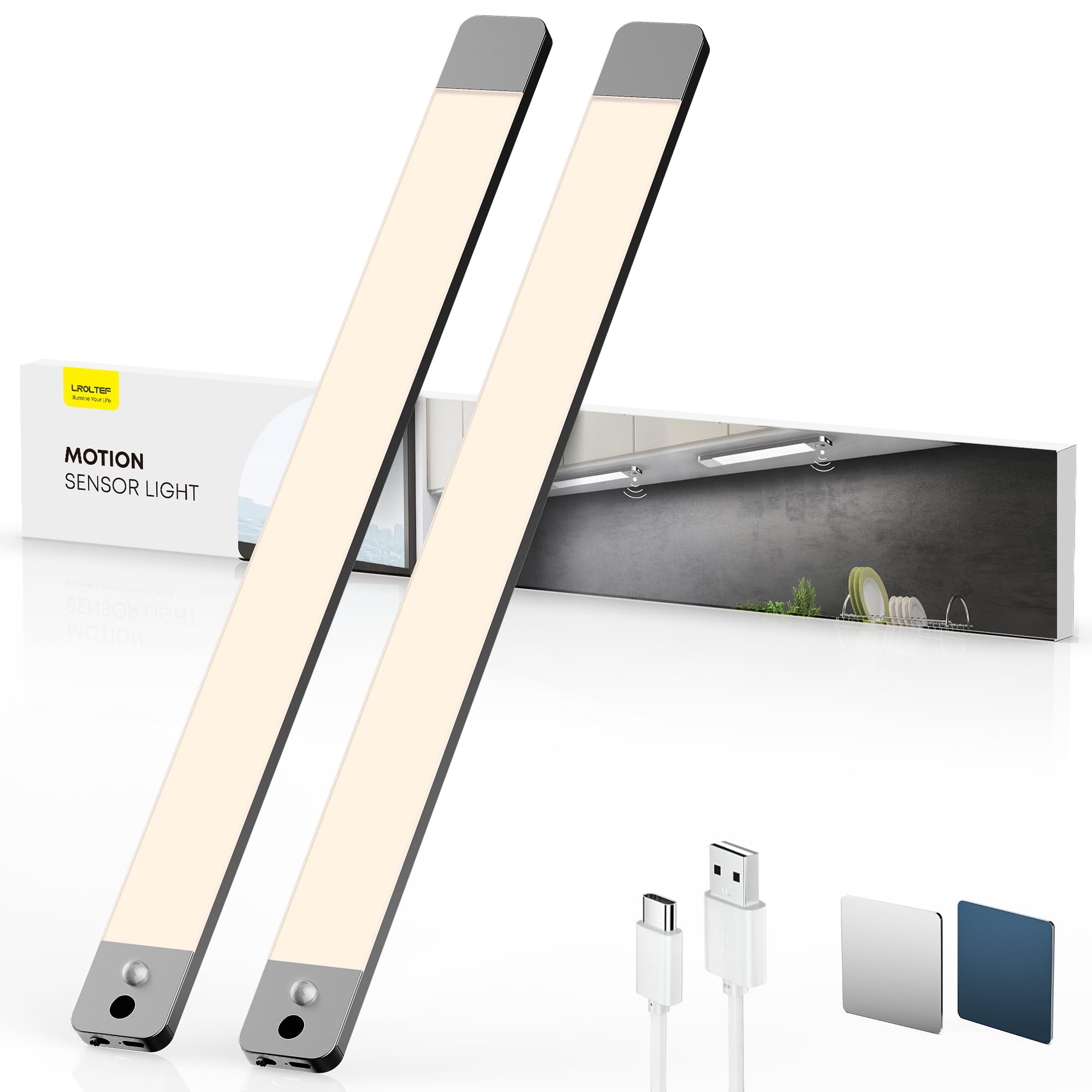 LROLTEF Schrankbeleuchtung Led Lampe mit Handwelle & Bewegungsmelder - 50cm 3000mAh 4000K Schranklicht Unterbauleuchte Küche Licht - Aufladbar Dimmbar Kleiderschrank | Grau Aussehen 2 Stück