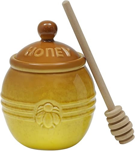 KEKEHOME Olla de cerámica para miel con tapa y cuchara de madera, tarro pequeño de miel de porcelana de 10 onzas para el hogar, cocina, jarabe de