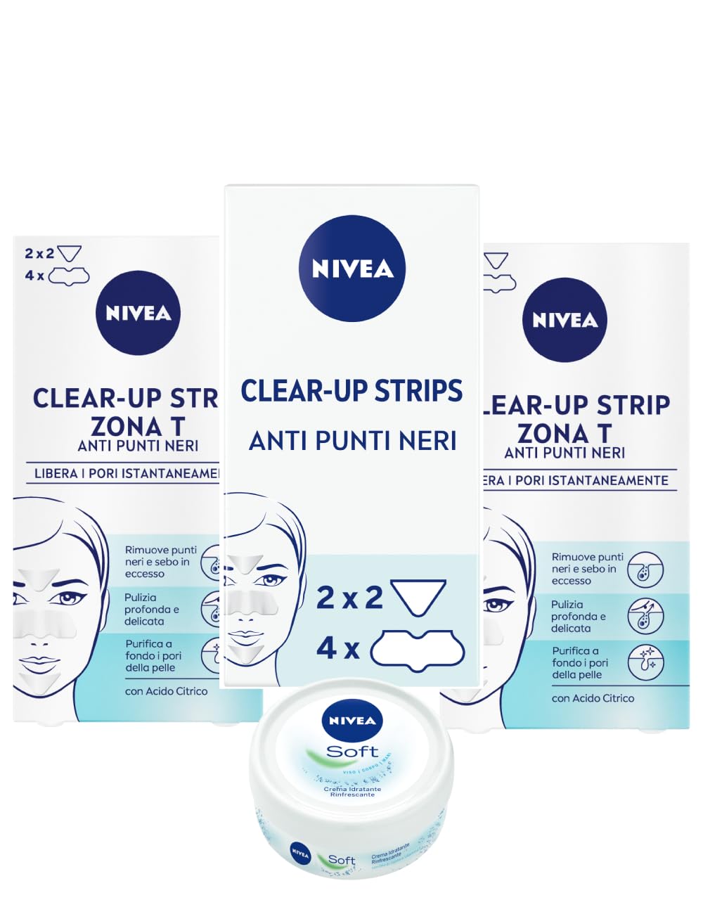 NIVEA Clear-Up Strips Zona T Cerotti punti neri in confezione da 3 x 6 pezzi, Cerotti anti-imperfezioni per la pulizia viso e NIVEA Soft Mini crema viso, corpo e mani da 25 g in omaggio