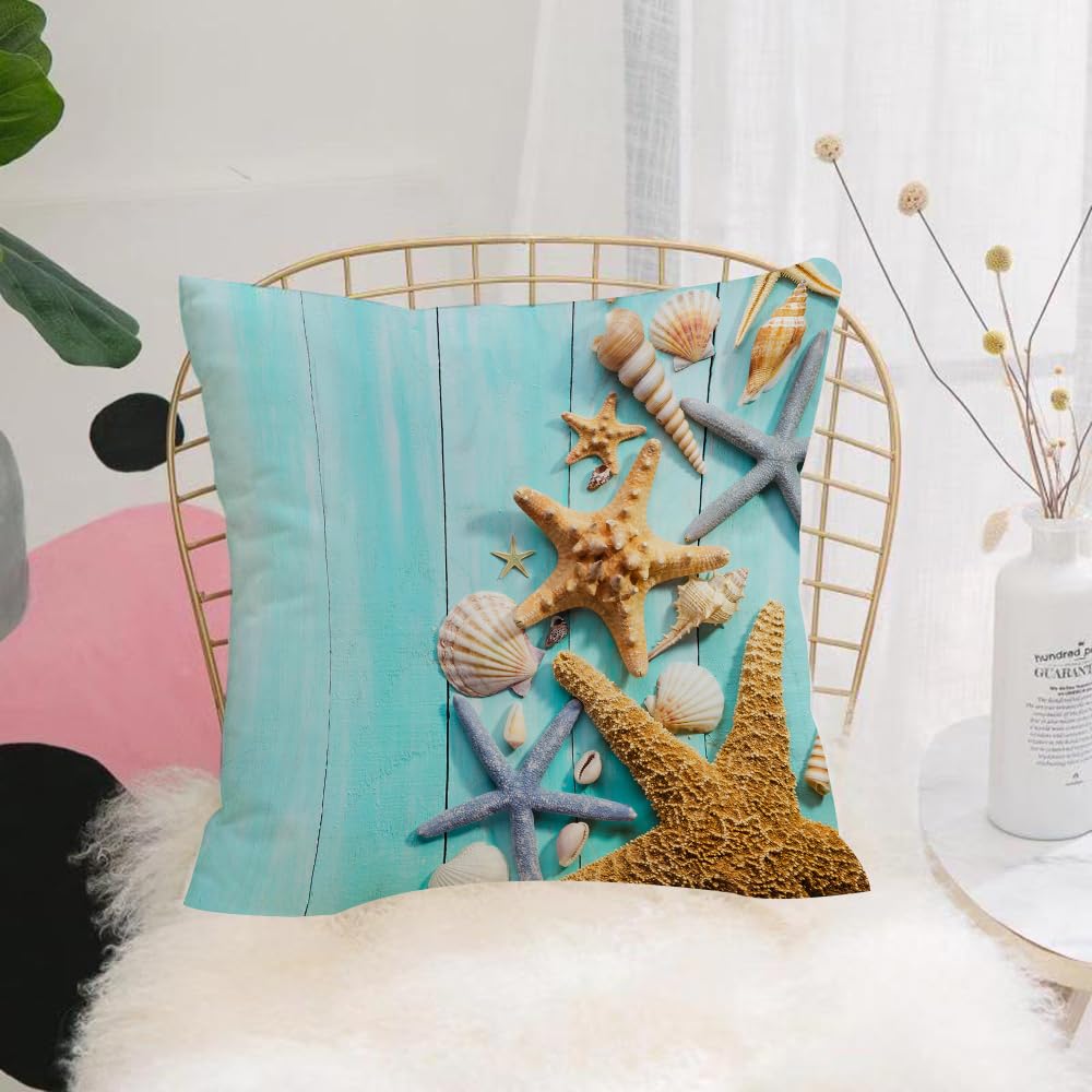 Hyosxw Seashell Starfish Shell Conch Turquoise Wood - A9 Cushion Cover,Throw Pillow Case Home Decorative For Living Room Bedroom Sofa Chair 18X18 Inch,Seashell Starfish Shell Conch Turquoise Wooden Board Fresh Ocean Design,Pillowcase 45X45cm