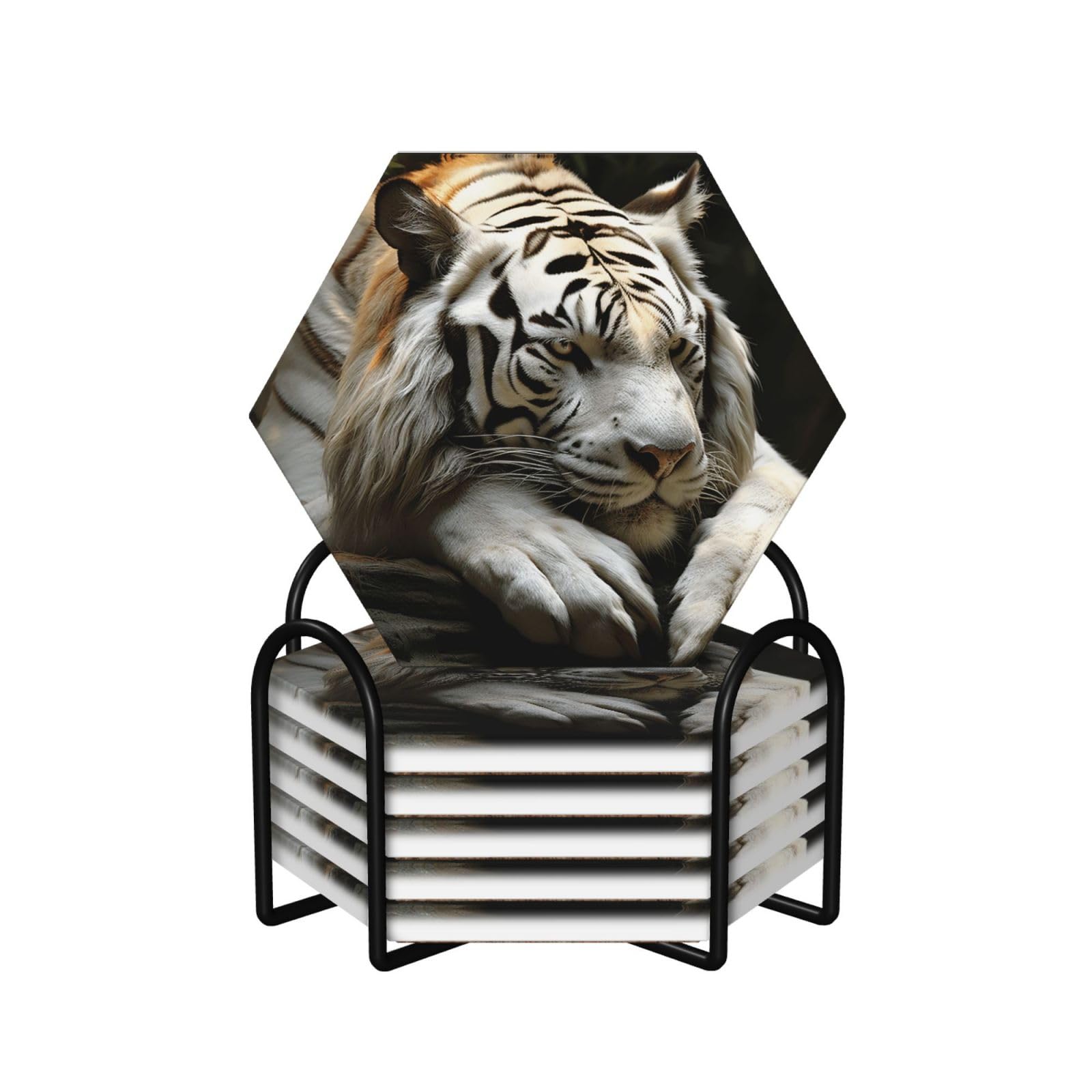 6Pcs Ceramics Coaster for Drinks, Lying Tiger Cup Coasters with Holder, Aesthetic Drink Coasters for Coffee Table, Absorbent Round Coaster for Tabletop Protection 4" Cup Mat Pad