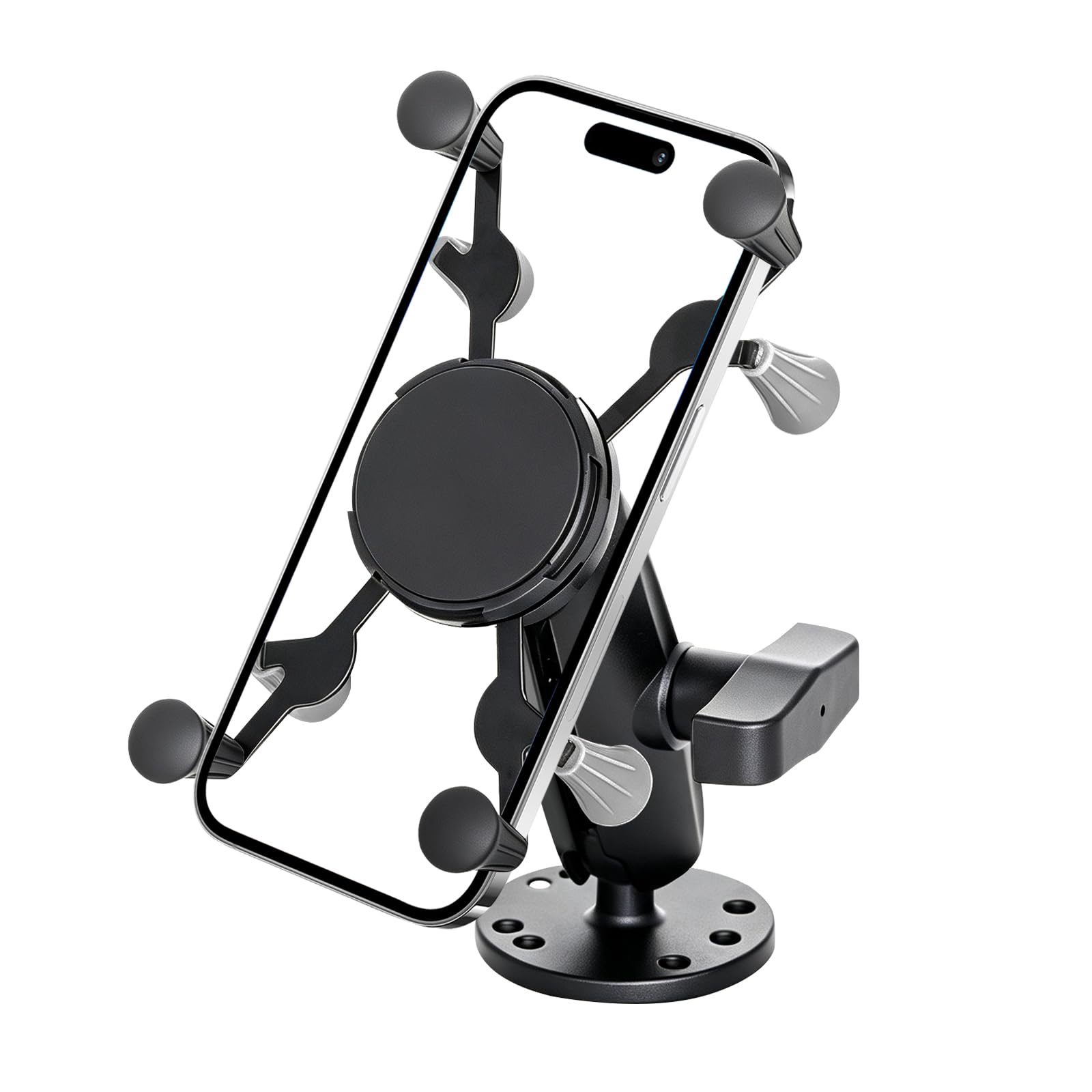 Strg Support de téléphone avec base ronde percée avec bras double douille à boule de 2,5 cm, compatible avec tous les téléphones de moto, vélo, guidon, support de téléphone