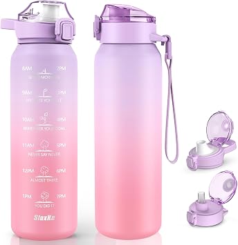SLUXKE 24oz Insulated Water Bottle 18/10 Stainless Steel with 2LidsStraw Lid& Spout Lids, 700ml Double Wall Vacuum Water Bottle with Handle Keep Cold and Hot for Men, Women & Kids PURPLE PINK