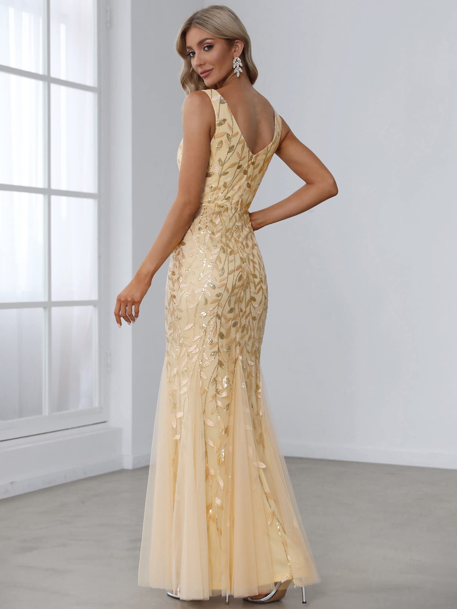 Ever-Pretty a Sirena Tul Vestido de Noche Cuello en V sin Respaldo para Mujer Dorado 46