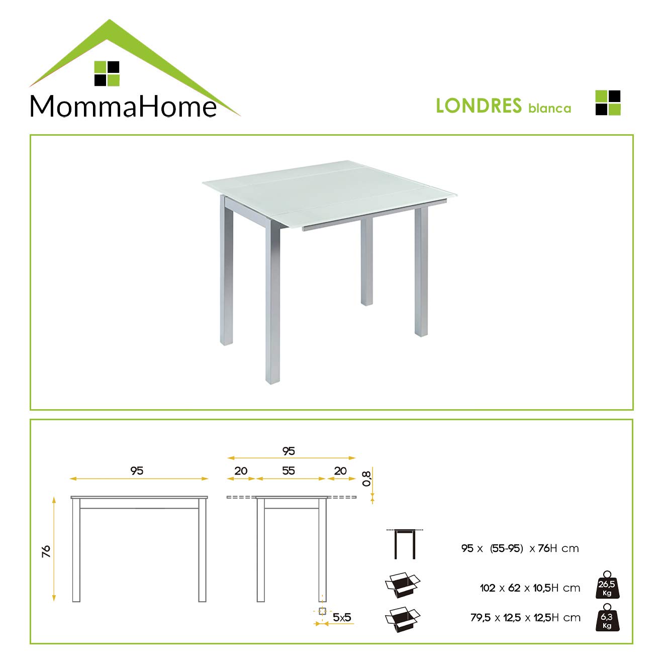 MOMMA HOME Mesa de Comedor y Cocina, Extensible y Plegable, Mesa Moderna, Color Blanco/Plata. Londres, Cristal Templado/Metal, Medidas 95x55/95x76 cm