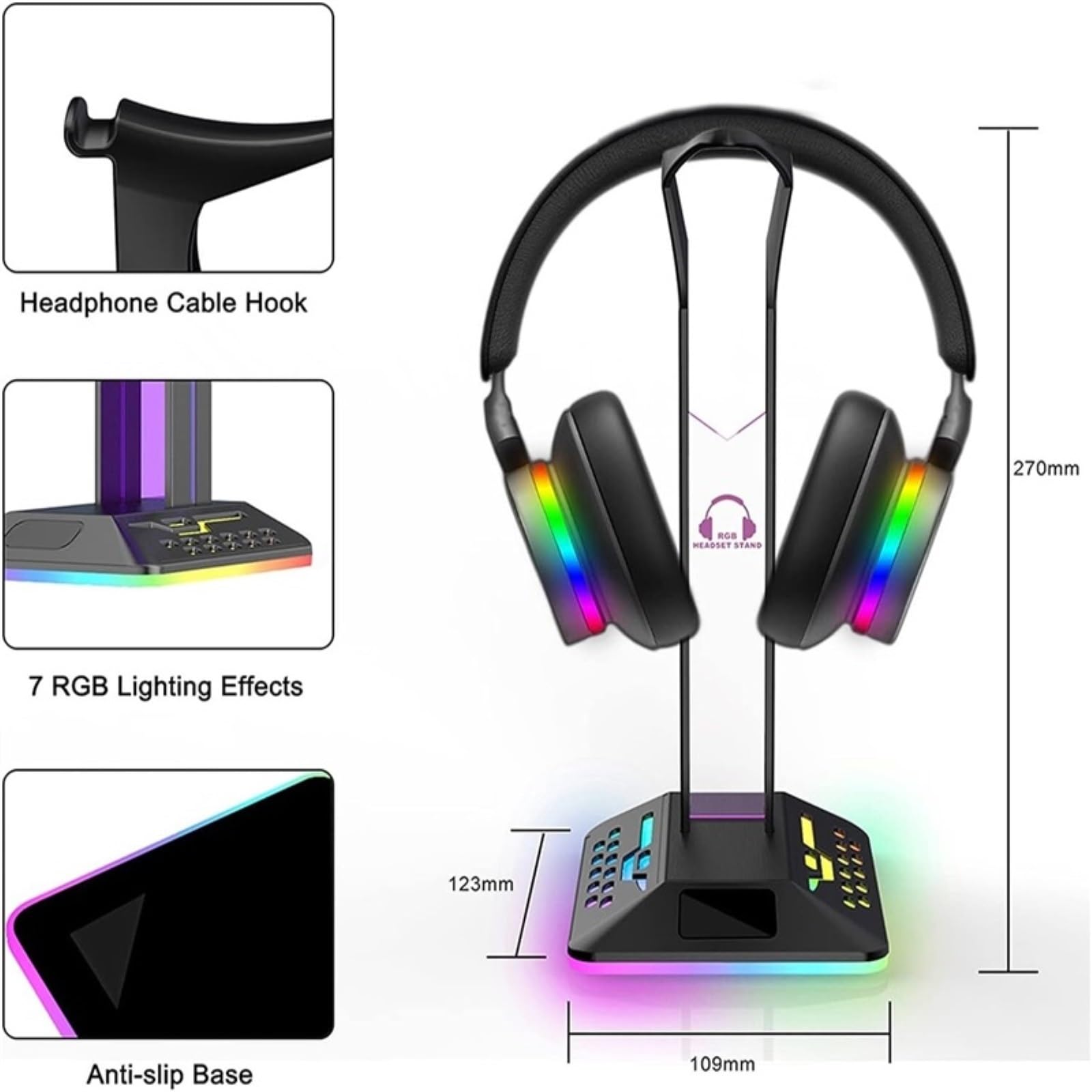 Soporte for Auriculares RGB for Juegos con 2 Puertos de Carga USB y 7 Modos iluminación(C)