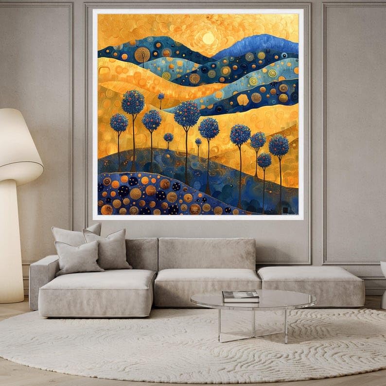 Tableaux d'arbres modernes et affiches bleues et or, art mural abstrait 70 x 70 cm