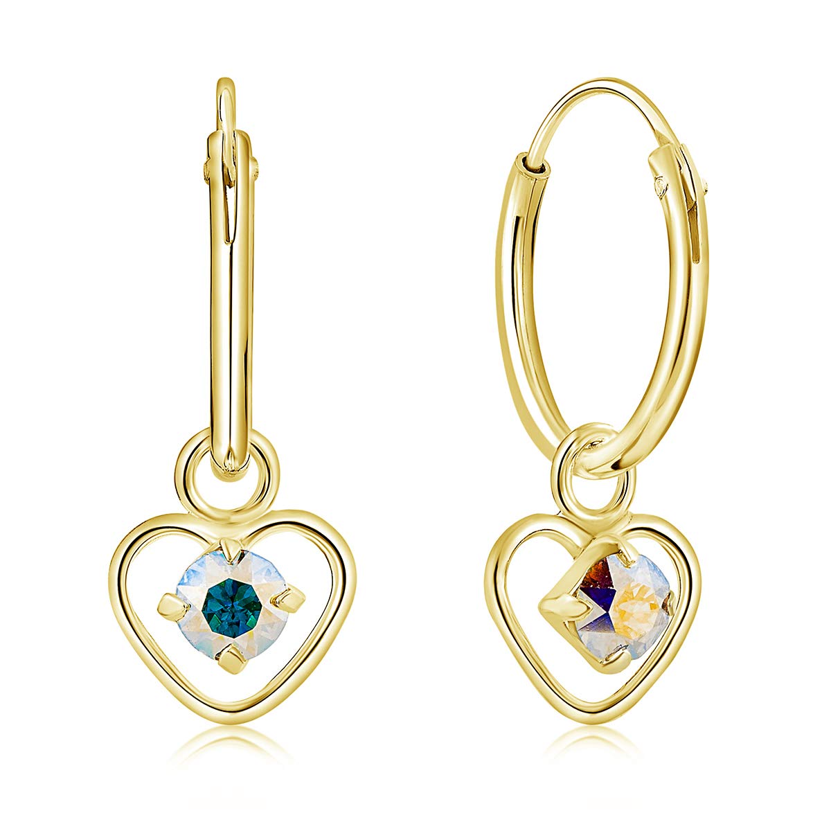 DTPsilver® KLEINE Creolen Ohrringe 925 Sterling Silber Gelb Vergoldet mit 3 mm Swarovski® Elements Kristall - Herzform - Mädchen - Dicke 1.5 mm - Durchmesser 14 mm - Viele Farben erhältlich