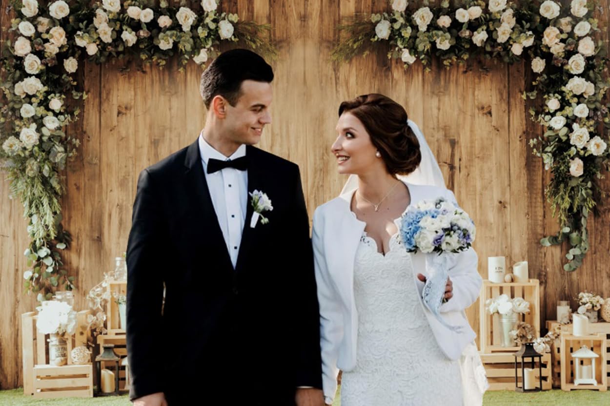 Hochzeitshintergrund, 30 x 160 cm, weiße Blumen, aus Holz, Junggesellinnenabschied, Fotohintergrund, Braut und Bräutigam, Verlobte Zeremonie, Jahrestag, Hochzeit, Mottoparty