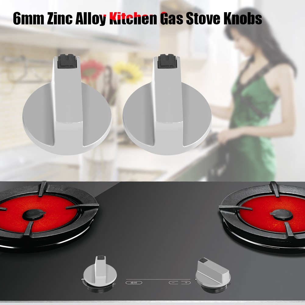 EBTOOLS 2Pcs Stove Knob, 6mm Universal Gas Stove Switch Zinc Alloy Round Gas Stove Control Knobs Kitchen Cooktop Silver Locks for Oven Cooktop Gas Stove