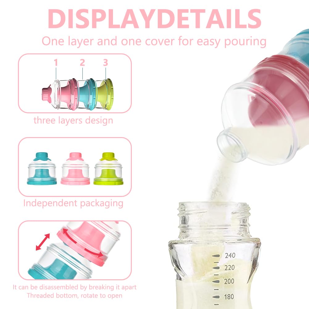 Vicloon Dosatore per Latte in Polvere, Dispenser di Latte in Polvere con 3 Scomparti, Impilabile Contenitore Spuntino e Dosalatte in Polvere per Viaggi All'aperto, Cereali, Frutta (Rosa Trasparente)