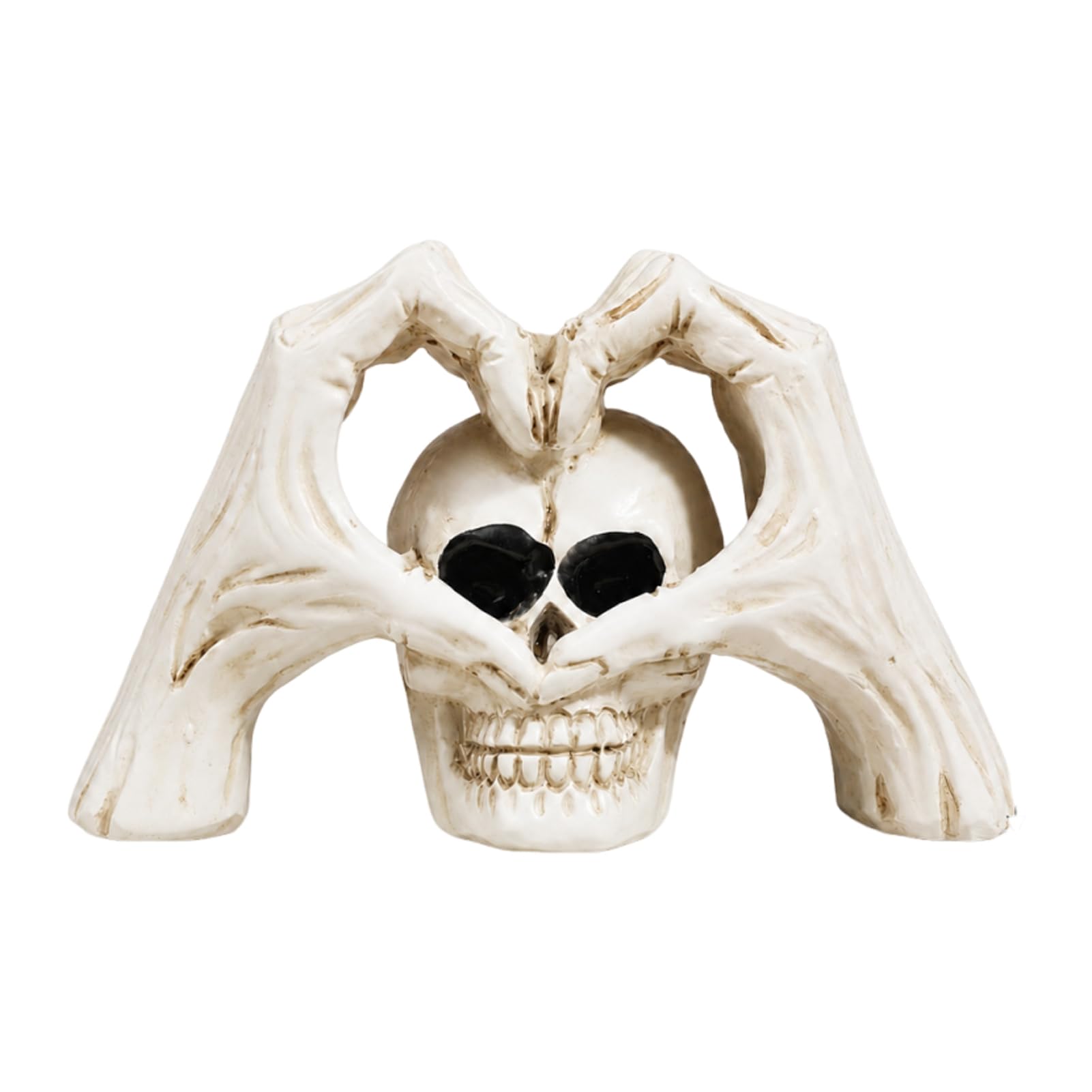 Quoravel Gothic Skeleton Hands Heart Sculpture with Skull, Romantic Gothic Love Statue, Halloween Heart Shape Finger Gesture Figurine White
