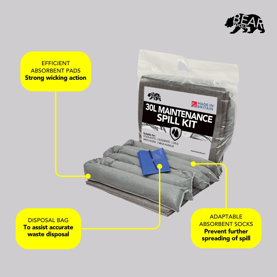 Kits de derrames de 30 l (30 L mantenimiento) fabricado en el Reino Unido gris absorbe aceite no agresivo y fluidos a base de agua para uso en interiores y exteriores diseño de kit superior de clip.