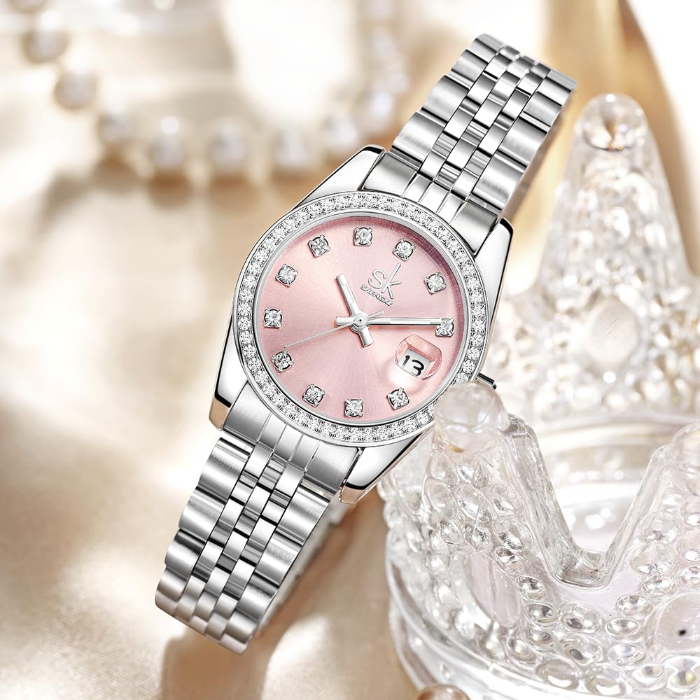 SHENGKE Donna cristallo accentato con banda in lega d'acciaio solido orologio Elegante vestito orologi al quarzo calendario per le donne