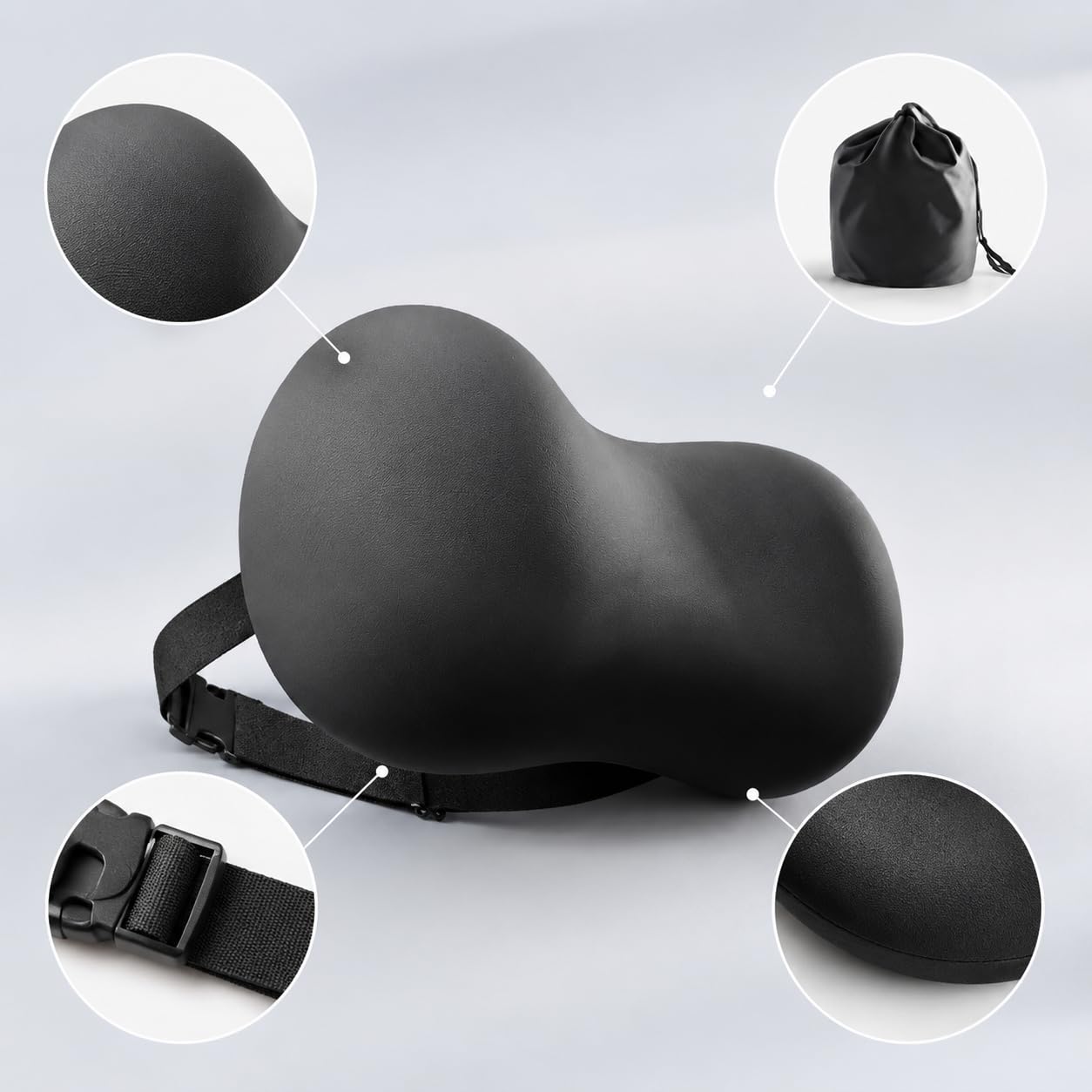 Oreiller memoire Forme, Coussin Cervical, Coussin Avion Voiture, Oreiller Nuque Ergonomique, Noir Perle, avec Sangle réglable