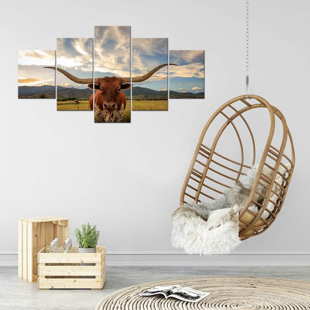 Best Seller 5 Piece Animal HD Painting Canvas Prints Texas Longhorn Steer in Rural Utah Giclee Artwork Modern Framed and Stretched Wall Art Painting for Living Room Decor - 60''W x 32''H