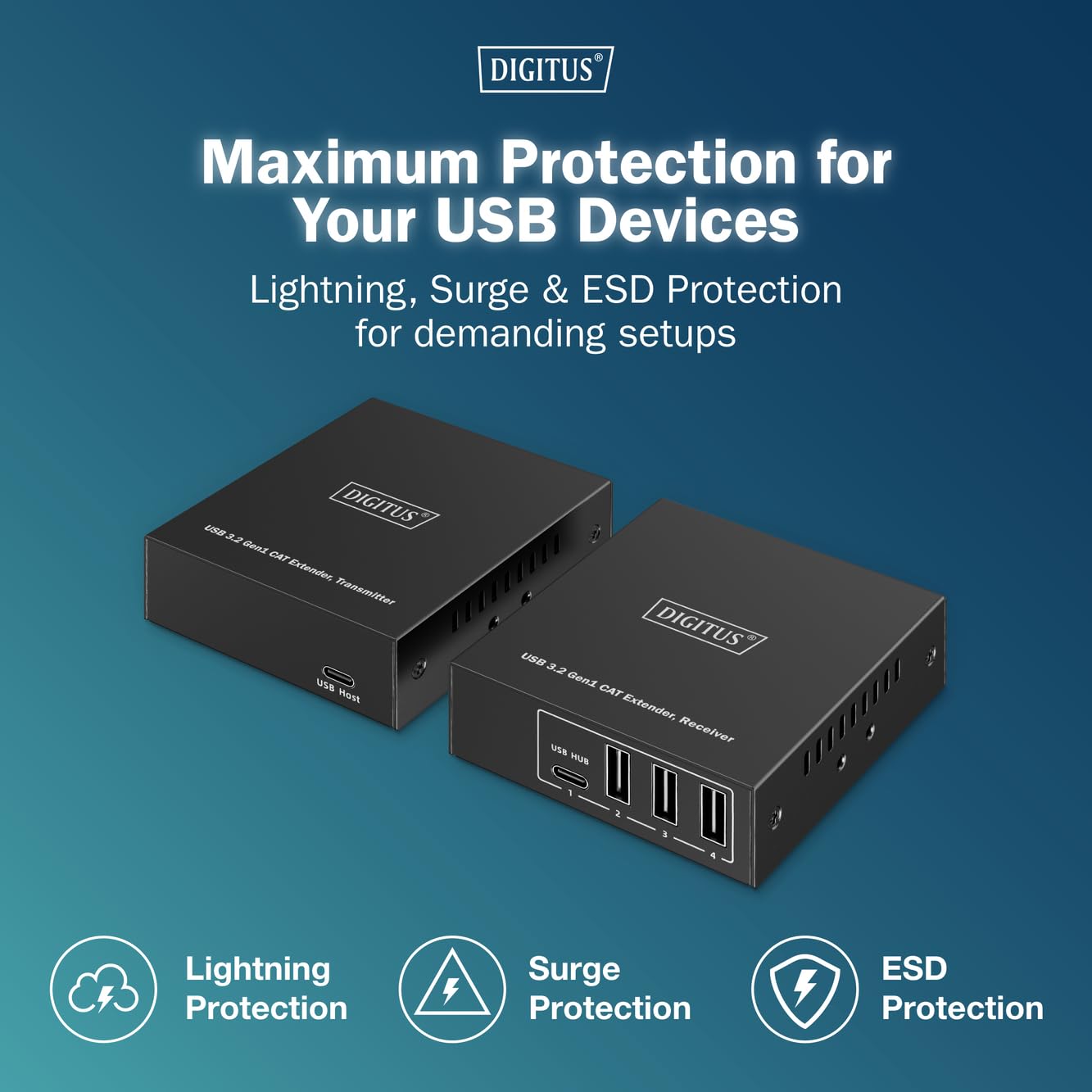 DIGITUS Ekstender USB 3.2 Gen1 przez Ethernet – 4-portowy hub USB – 3x Typ A, 1x Typ C – Zasięg 100 m z kablem sieciowym Cat 6 – 5 Gbps – Czarny