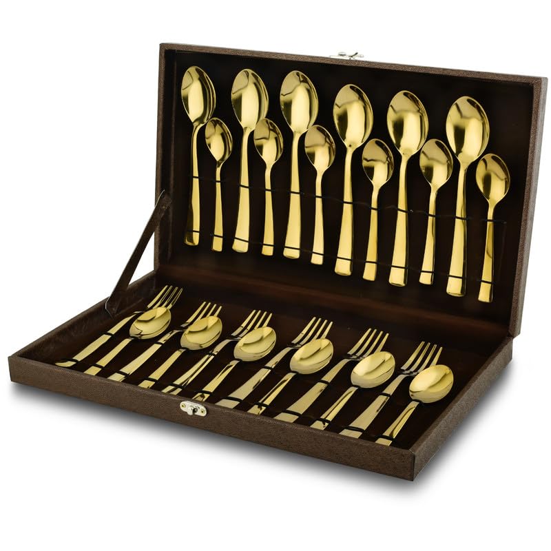 Parage 24 Pieces Premium Stainless Steel Golden Cutlery Set, Home & Kitchen with Gift Box, PVD Gold (6 Pieces Each Table Spoons, Table Forks, Dinner Spoons & Tea Spoons) with Leatherite Box offers donot miss Parage 24 Pieces Premium Stainless Steel Golden Cutlery Set, Home & Kitchen with Gift Box, PVD Gold (6 Pieces Each Table Spoons, Table Forks, Dinner Spoons & Tea Spoons) with Leatherite Box offers donot miss