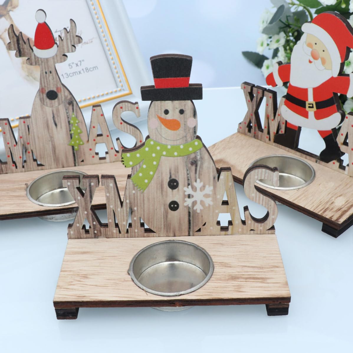 BESPORTBLE 9 Pezzi Portacandela Natalizio in Legno Babbo Natale, Pupazzo e