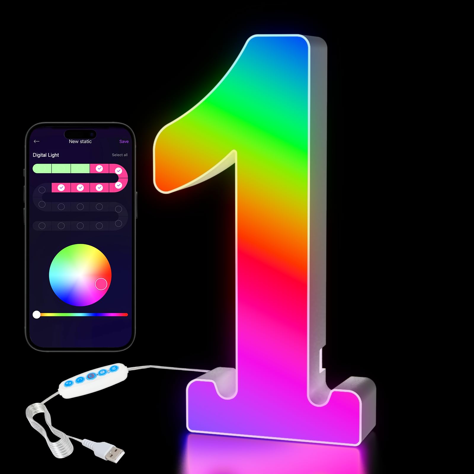 Numeri Luminosi LED con USB - 0-9 Numeri RGB con APP Controllo, Insegne Luminose Colorate per Decorazione, Compleanni, Matrimoni, Feste, Bar, Atmosfera，Numero - 1