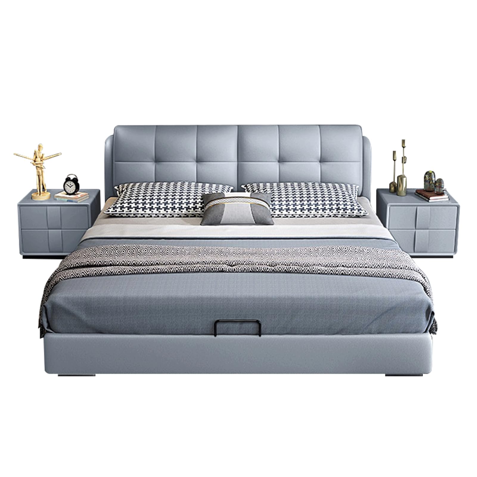 King Size Genuine Leather Bed Set Upholstered Platform Bed Frame Thick Padded Headboard Lift Up Storage Wooden Slats