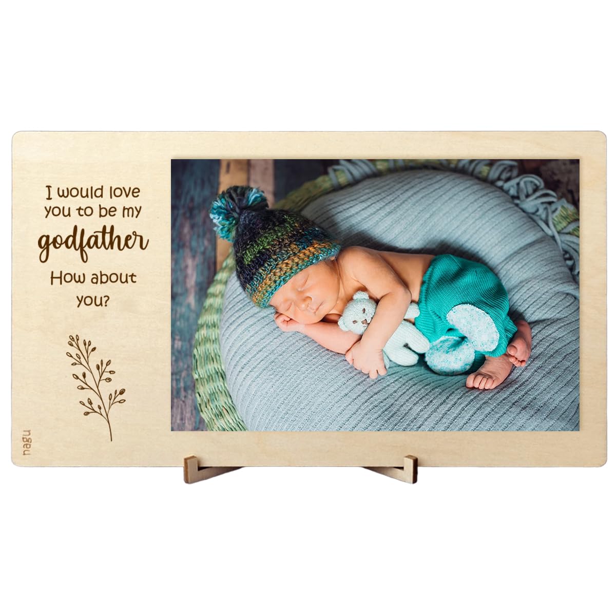 nagu® EN- Marco para Fotos de Madera con la Frase ¿Quieres ser mi Padrino? para bautizos o Boda. Sorpresa de Anuncio de Padrino en un portafotos Original para Foto 10 x 15 cm