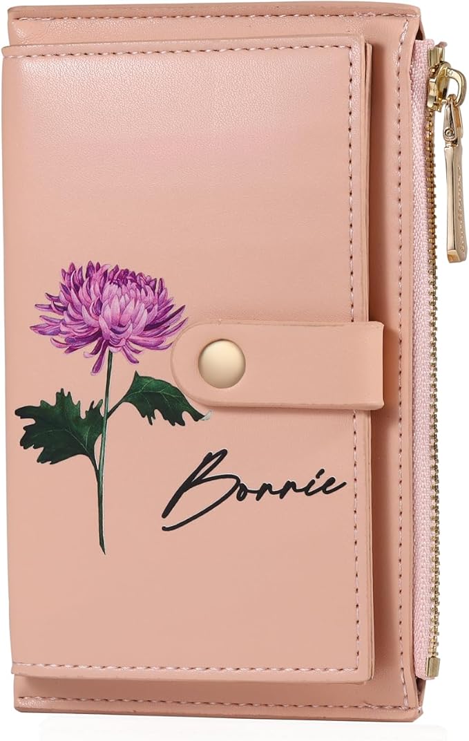 Zeekisfia Personalized Birth Flower Wallet Custom Engraved Name