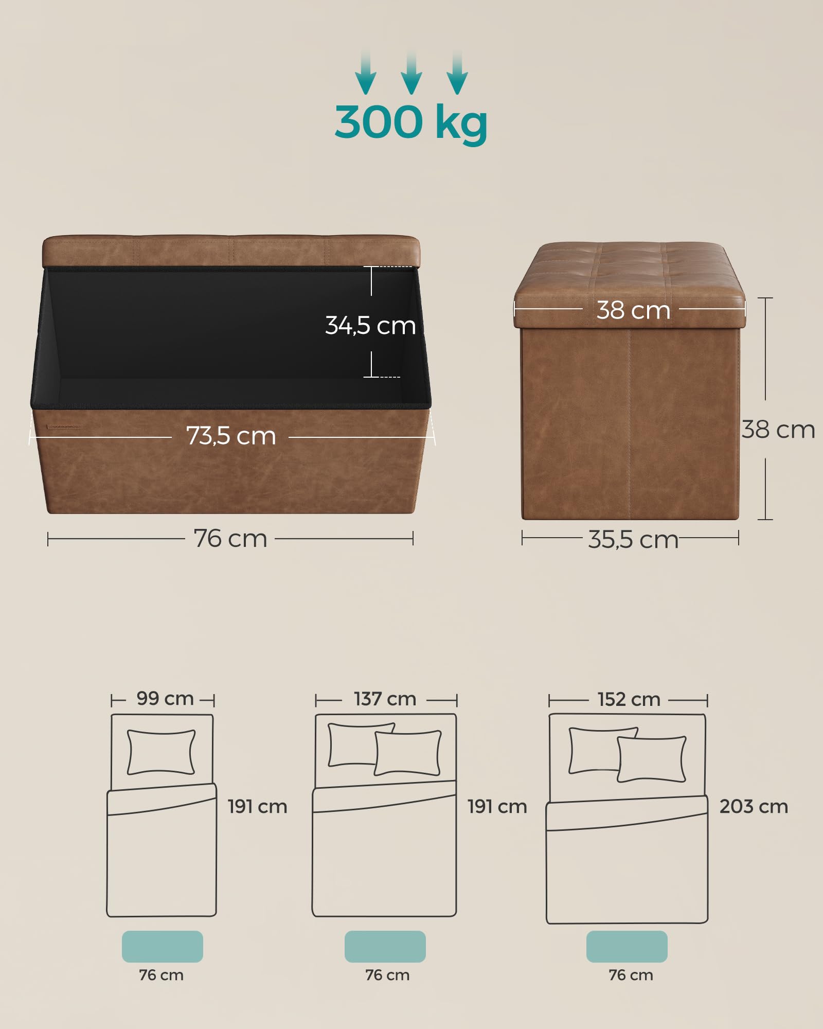 SONGMICS Taboret do siedzenia skrzynia do siedzenia, kolor kawowy, 76 l cm