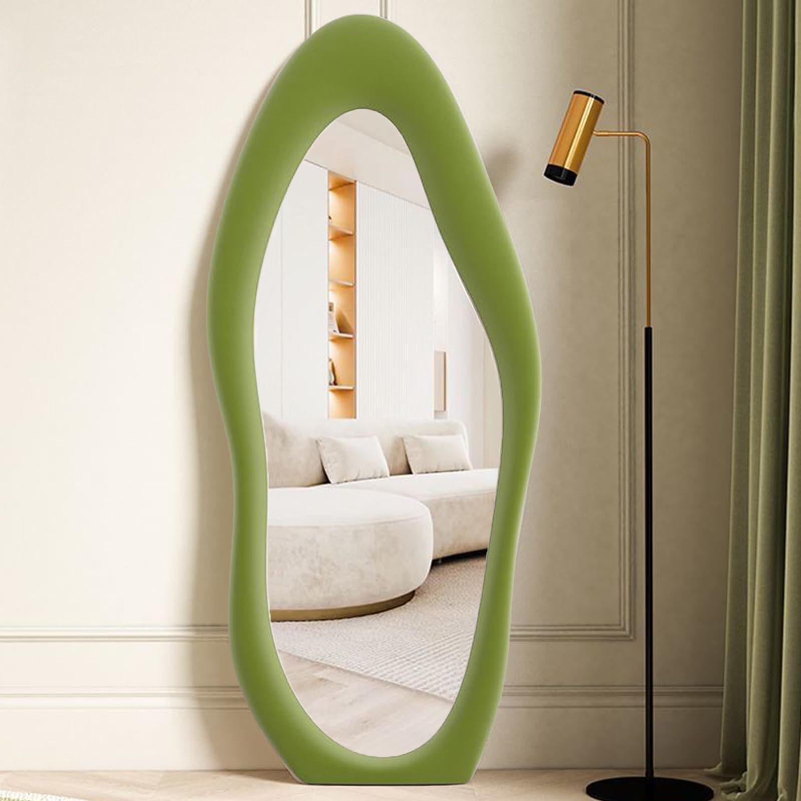 IGTOPS Espejo de pie de 160 x 60 cm, espejo asimétrico, grande, con marco de madera envuelto en franela, espejo de suelo, espejo de pared irregular para salón, dormitorio, pasillo (verde, nubes)