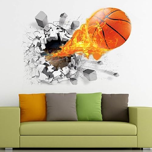 Miniatura 2 de Large Blue Sky 3D Self-adhesive Removable Break Through The Wall Vinyl Wall Sticker/Mural Art Decals Decorator (3D Flying Flame Basketball Decals(2