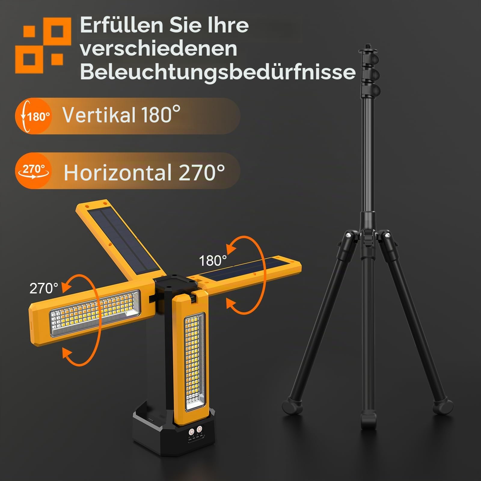 13200 mAh Wiederaufladbare Solar Baustrahler Led mit Stativ, Stufenlos Dimmbar Weiß/Warm/Naturweiß/ROT (SOS) Akku Strahler mit Abnehmbarem Stativ