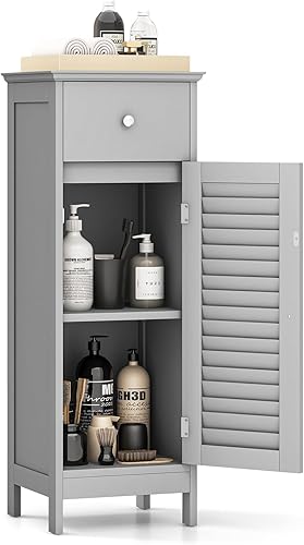 COSTWAY Gabinete de almacenamiento de baño, organizador de almacenamiento delgado de una sola puerta con cajón y estante ajustable, gabinete de piso