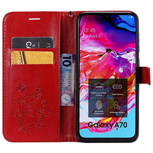 Cotdinforca For Samsung Galaxy A70 Case Pu Leather Butterfly Embossing Flip Wallet Cover Fold Stand Smartphone Phone Case For Samsung Galaxy A70 / A7 2019 Butterfly Red Kt #TOP3