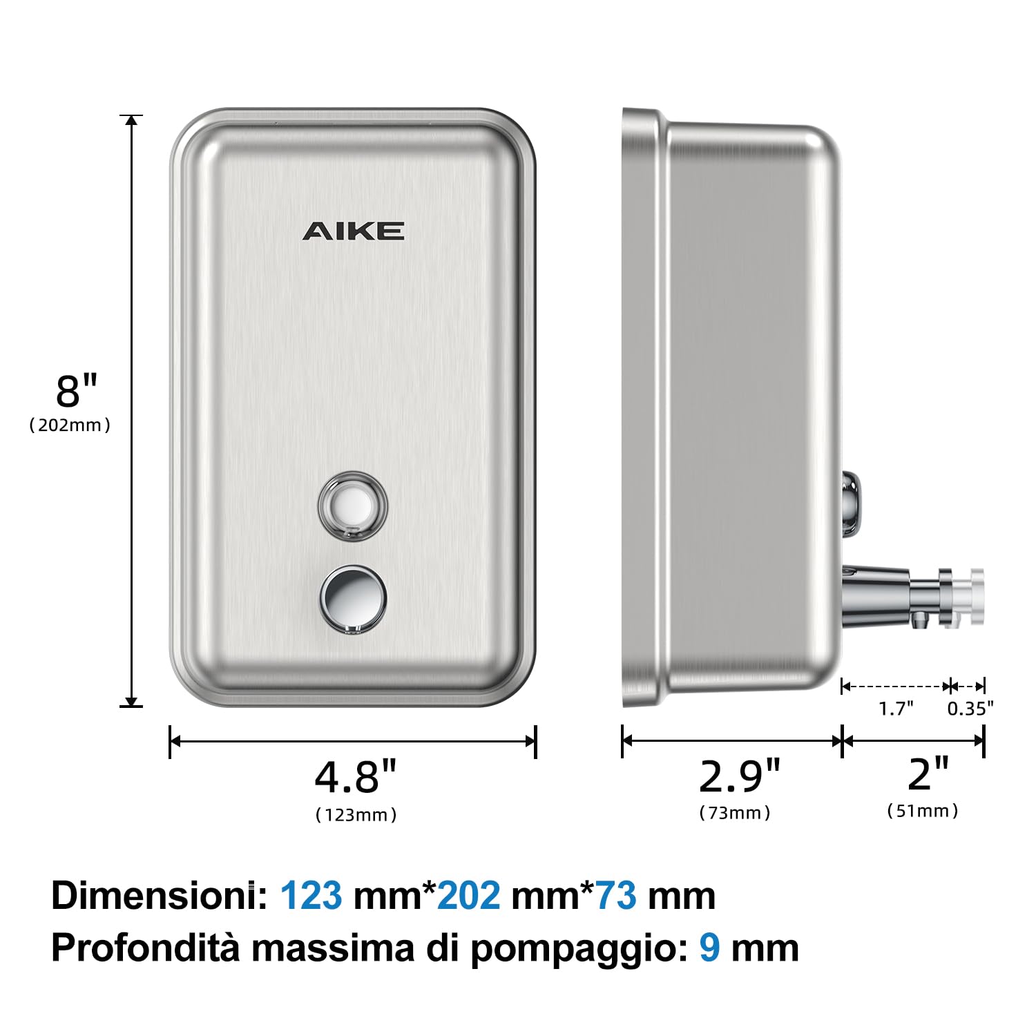 AIKE Distributore di Sapone in Acciaio Inossidabile, 1100ml a Muro, Strato Protettivo Antiruggine in ABS Integrato, Dispenser Liquido per Bagno Commerciale AK1003