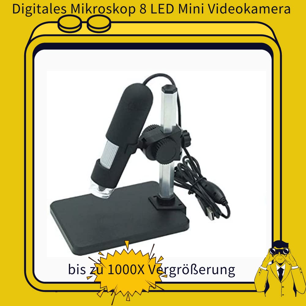 I38CS Digitales Mikroskop mit 1000x Vergrößerung, 8 LED, 2MP USB Mini Videokamera, Endoskop Lupe mit Ständer