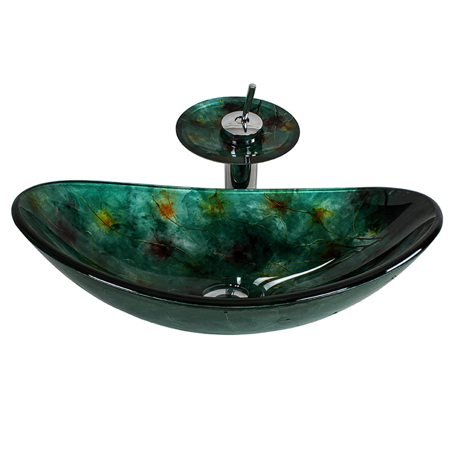 ASerZenith Green Bathroom Vessel Sink, Oval Tempered Glass Vanity Vessel Sink, Above Counter Wash Basin With Pop-Up Drain And Accessories