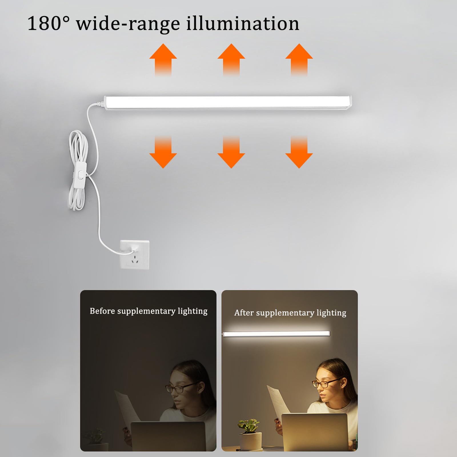 Lampa ścienna LED z przełącznikiem i kablem wtykowym, nowoczesna lampa ścienna, do kuchni, czytania, do salonu, sypialni, szafki kuchennej, stołu warsztatowego (białe, naturalne światło, 90 cm)