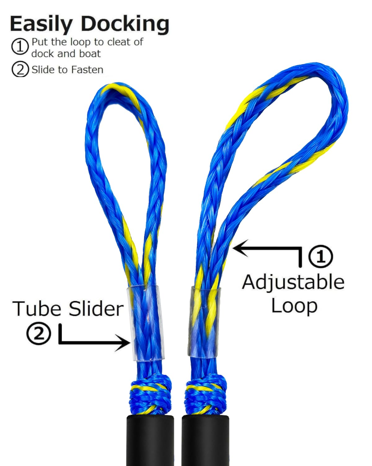 2 x Dockleine, 60 cm, Premium-Bungee-Bootsleinen mit 316er-Edelstahl-Clip (blau + gelb, 7,6 m)