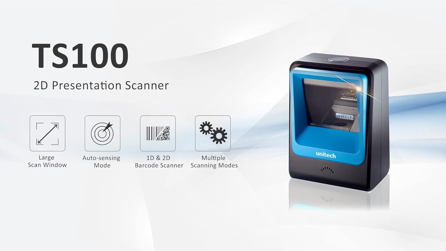 Unitech TS100 2D Presentation Scanner with feature icons